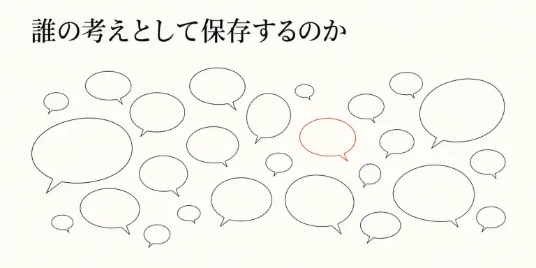 自分の記録をAIに読み込ませて「自分AI」を作ると、記録の中にある他人の発言まで本人の思想として語り始める。これは検索精度とは少し違う問題で、Speaker Attribution・Stance・Commitment・Condition・Temporal Versioningを分けて持つ必要がある。