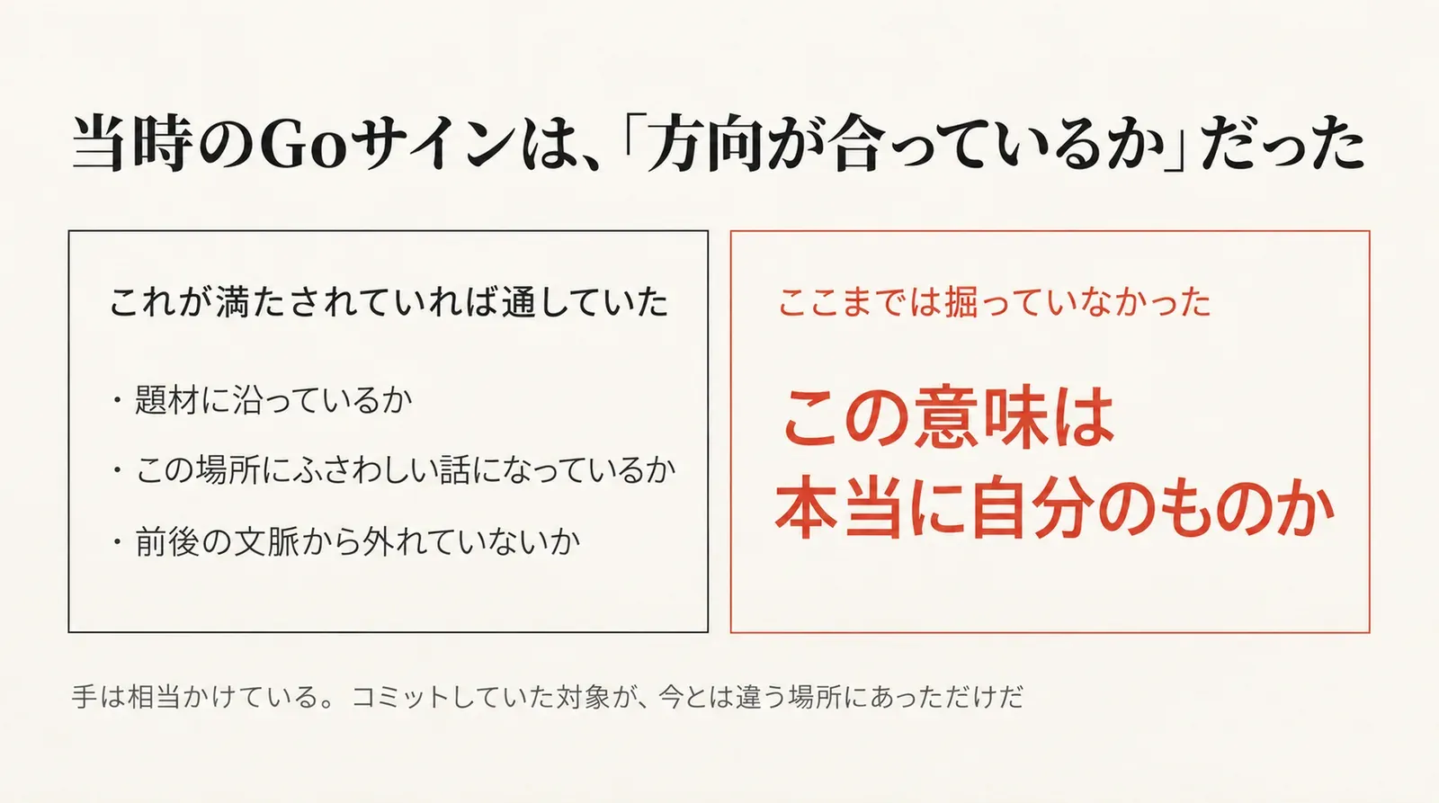 2023年に通していた基準は、題材に沿っているか、この場所にふさわしい話か、前後の文脈から外れていないか。「この意味は本当に自分のものか」までは掘っていなかった