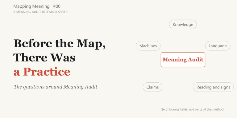 Meaning Audit began as a practical method, not an academic theory. This opening essay maps the fields that surround its questions and introduces the eight field visits of Phase 1, through knowledge, language, reading, signs, and evidence.