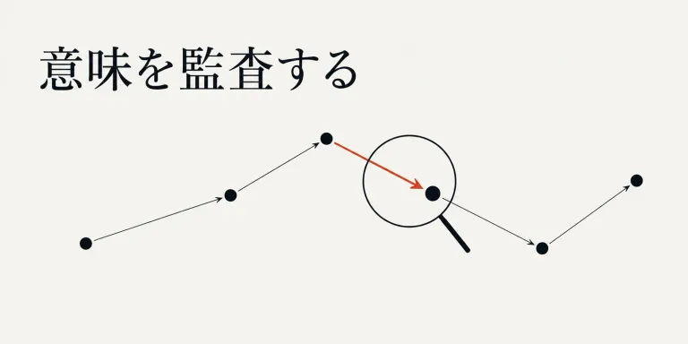 生成AIが作る文章は整っていて、読むと「なるほど」と思う。しかし点を渡したのは人間でも、点と点の間に線を引いたのはAIかもしれない。誤字脱字の校正では見つからない、その「→」の出所を追跡する「意味の監査」について。