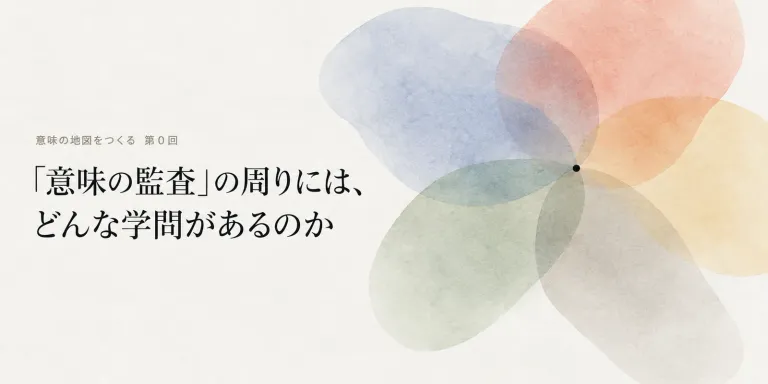 意味の監査を考えていたら、周りに学問があった。認識論、語用論、解釈学、記号論、Knowledge Graph。シリーズ「意味の地図をつくる」の入口として、これから訪ねる十九の領域を一覧する探索地図。