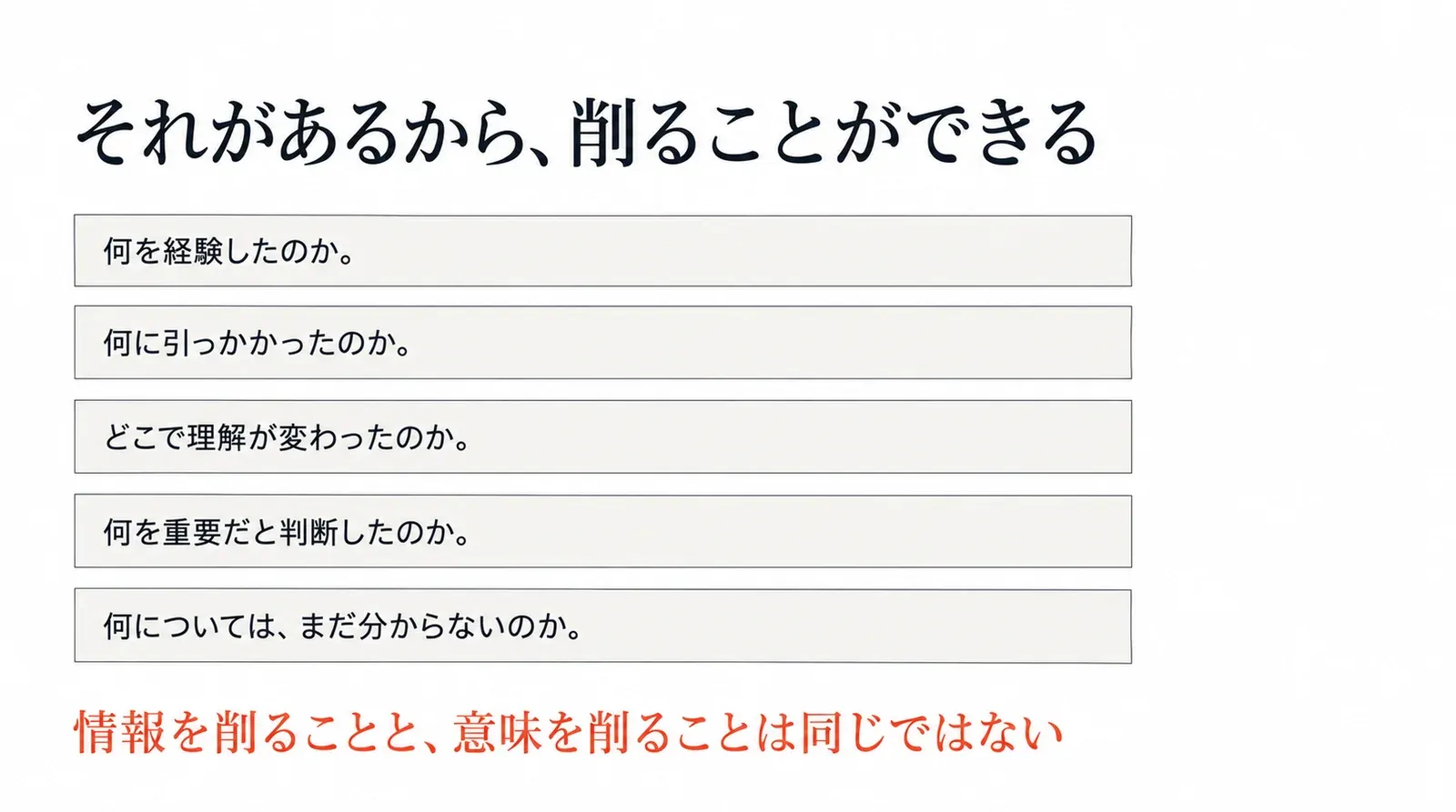 削るための判断材料として、何を経験したのか、何に引っかかったのか、どこで理解が変わったのか、何を重要だと判断したのか、何についてはまだ分からないのかが要る